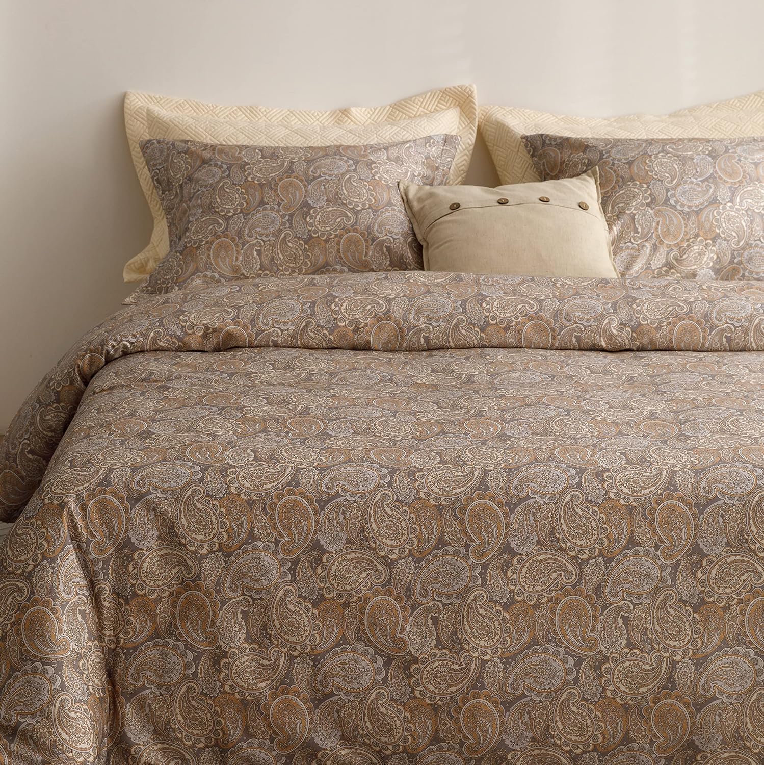 HeimenAogo Egyptian Cotton Duvet Cover Queen Size Sateen Weave, Silky Soft Boho Duvet Cover Zipper Closure, Long Staple Cotton Bed Linen Paisley Pattern 3Pcs
