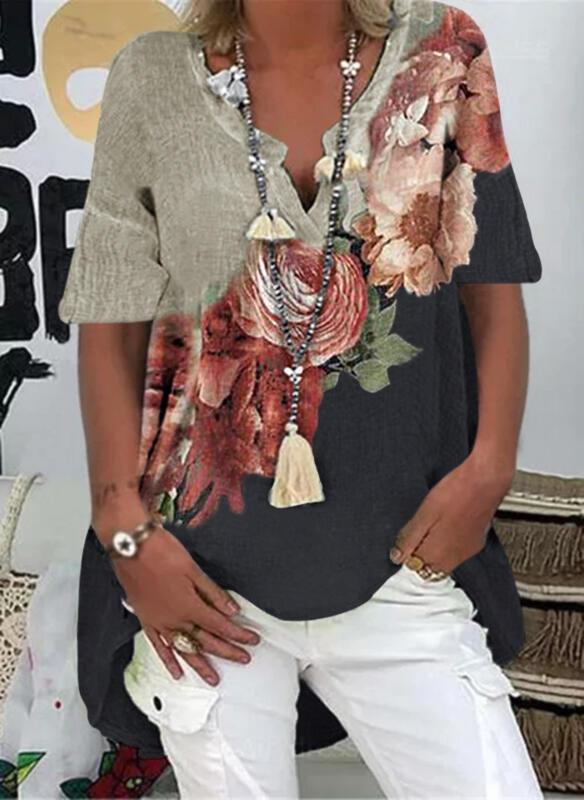 Casual V-neck Short-sleeved Printed Shirt