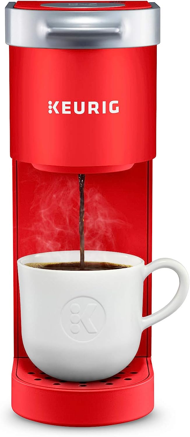 Keurig K-Mini Single Serve K-Cup Pod Coffee Maker, Poppy Red &amp; Travel Mug Fits K-Cup Pod Coffee Maker, 1 Count (Pack of 1), Stainless Steel