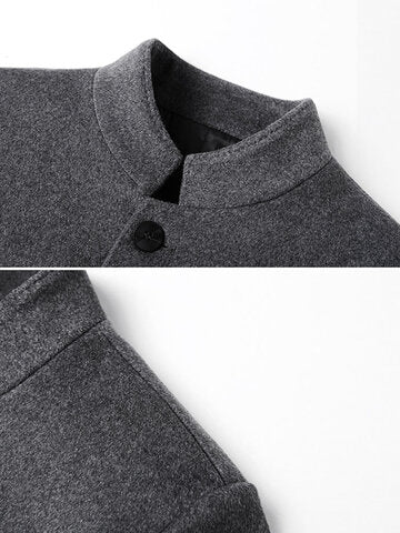 mens pure color stand collar single breasted warm woolen overcoats