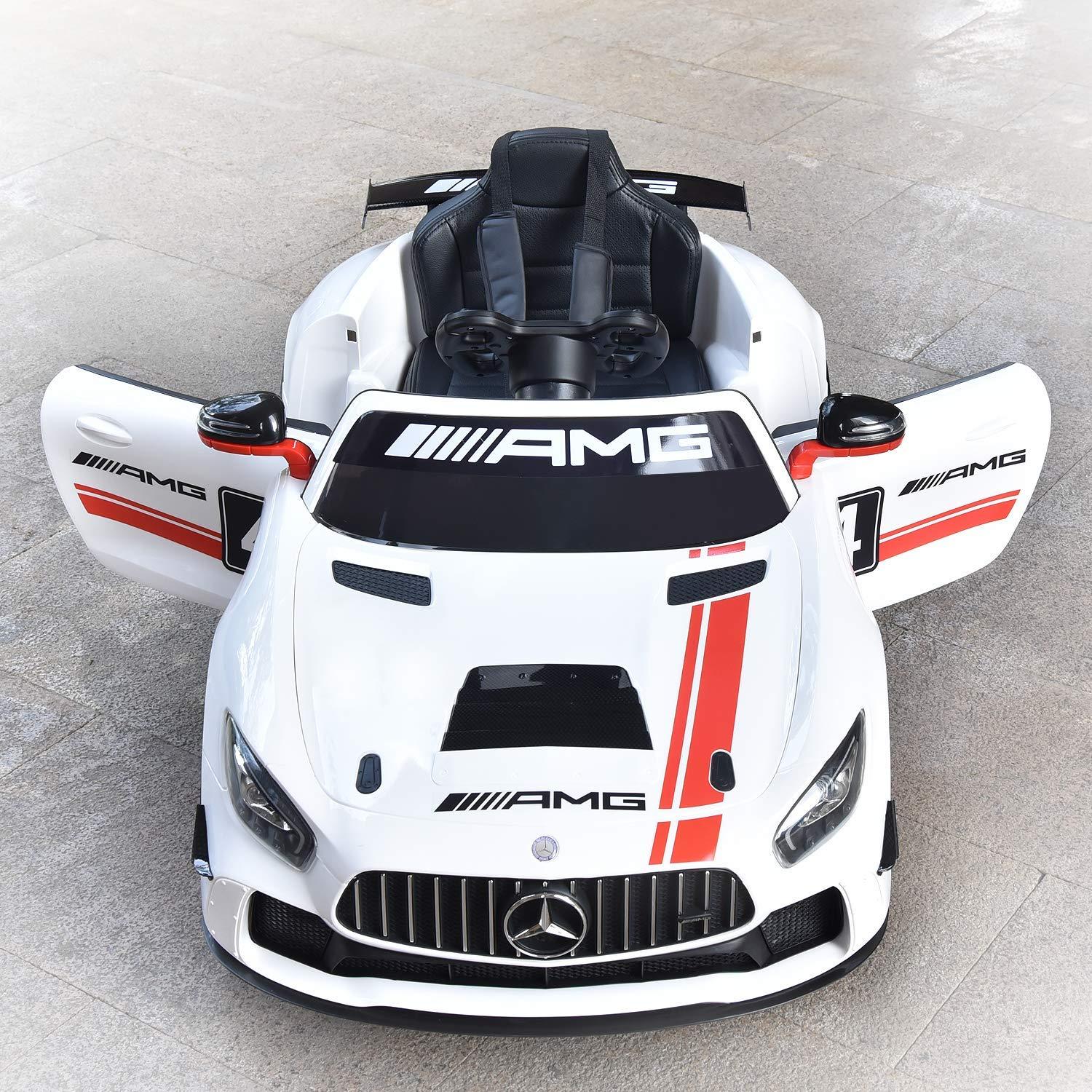 ELECWISH 45.7" Mercedes Benz AMG-GT4 12V Powered Ride-On Car for Kids, Kid's Electric Vehicles with R/C Parental Remote, Portable Handle, White BaVarnish