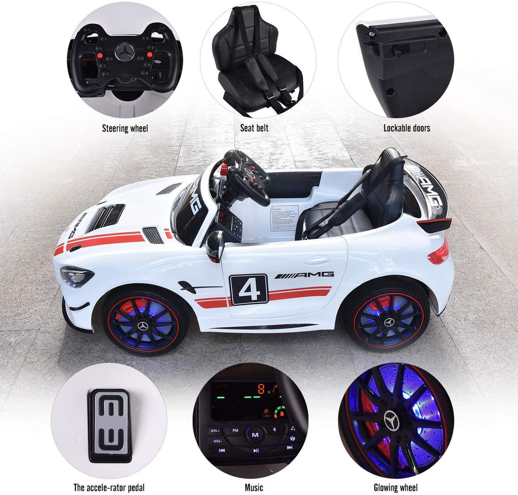 ELECWISH 45.7" Mercedes Benz AMG-GT4 12V Powered Ride-On Car for Kids, Kid's Electric Vehicles with R/C Parental Remote, Portable Handle, White BaVarnish