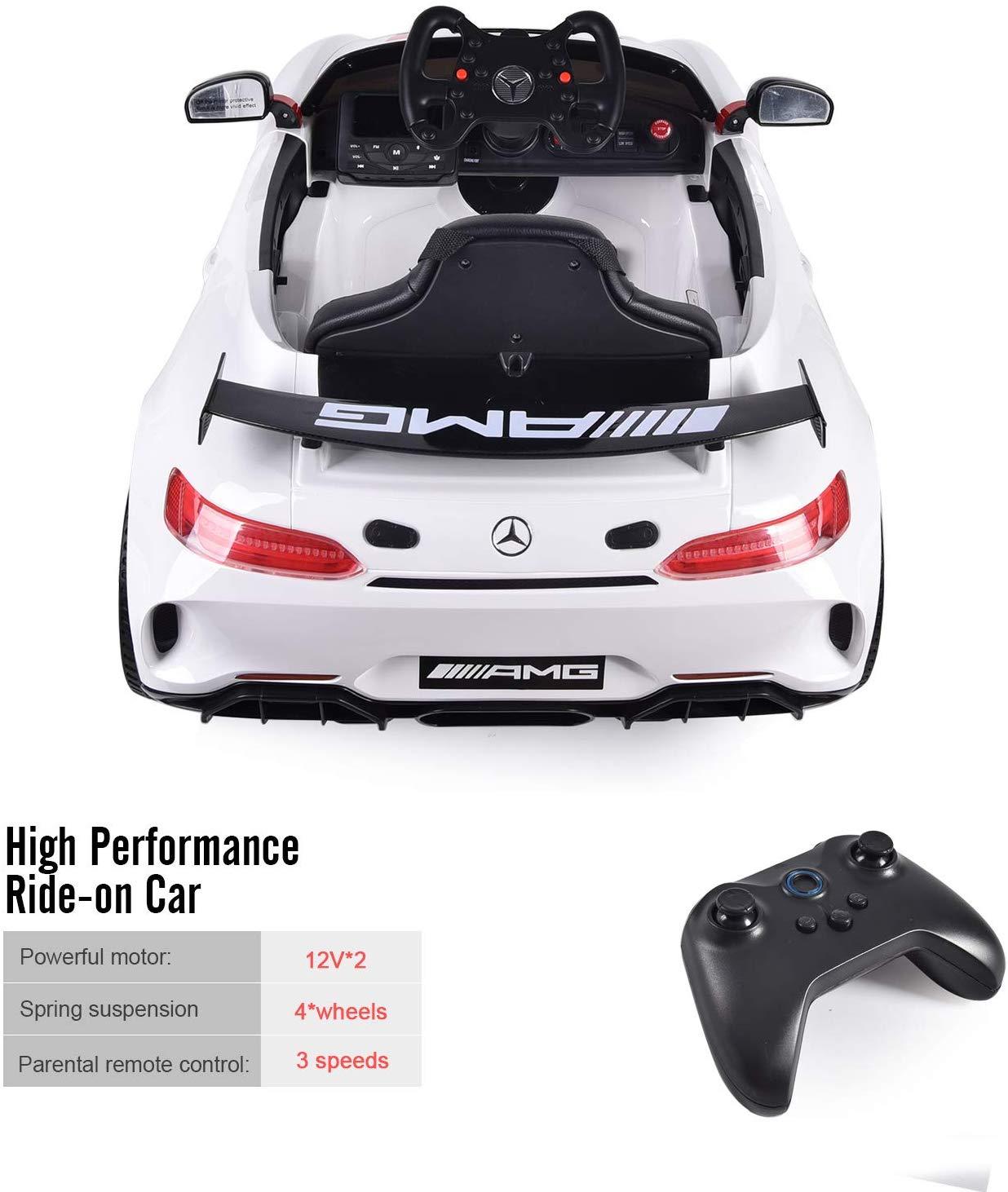 ELECWISH 45.7" Mercedes Benz AMG-GT4 12V Powered Ride-On Car for Kids, Kid's Electric Vehicles with R/C Parental Remote, Portable Handle, White BaVarnish