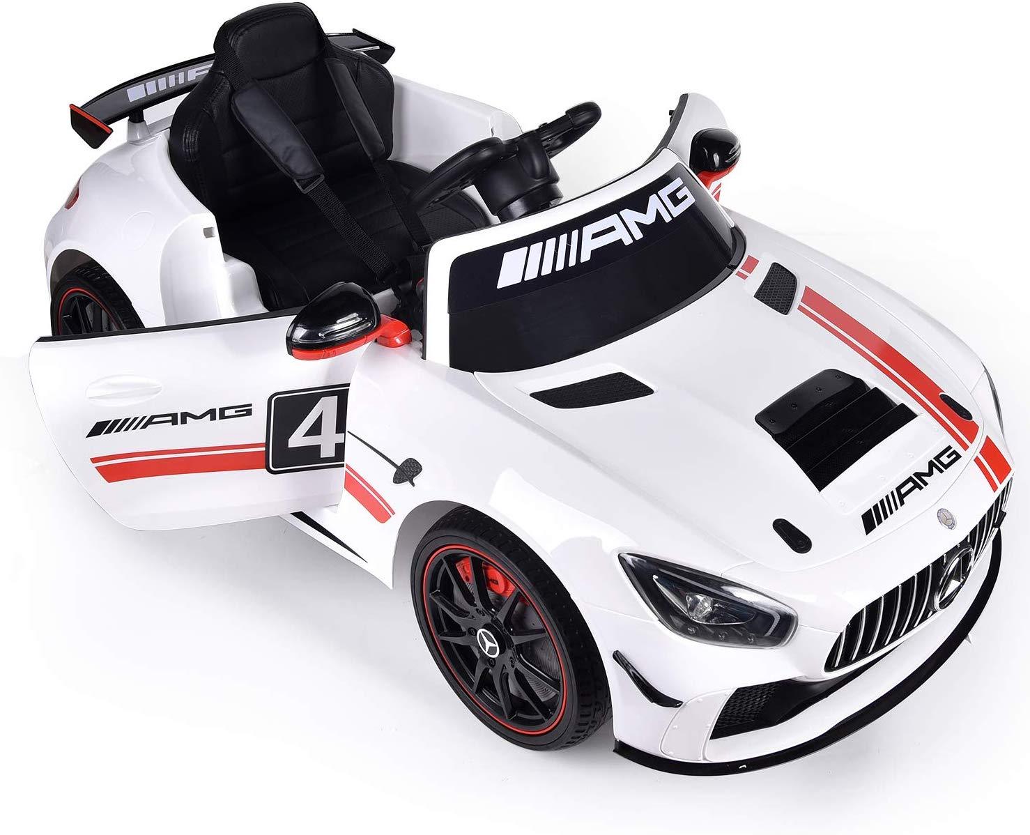 ELECWISH 45.7" Mercedes Benz AMG-GT4 12V Powered Ride-On Car for Kids, Kid's Electric Vehicles with R/C Parental Remote, Portable Handle, White BaVarnish