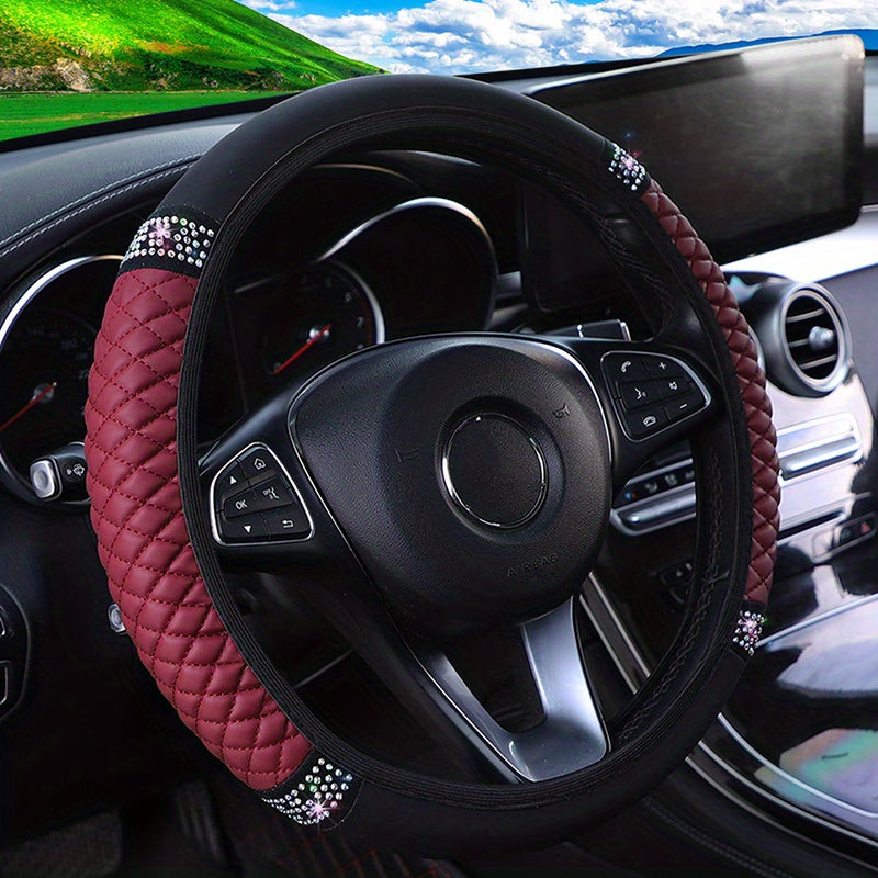 Car Pu Leather Steering Wheel Cover, 14.57-14.96inch Artificial Diamond, Steering Wheel Cover
