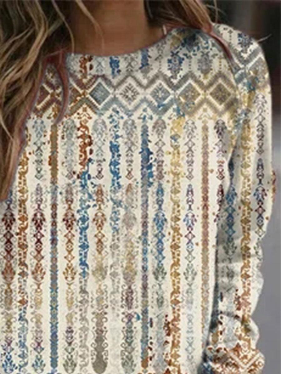 Retro Print Round Neck Long Sleeve Fashion Casual Sweatshirt