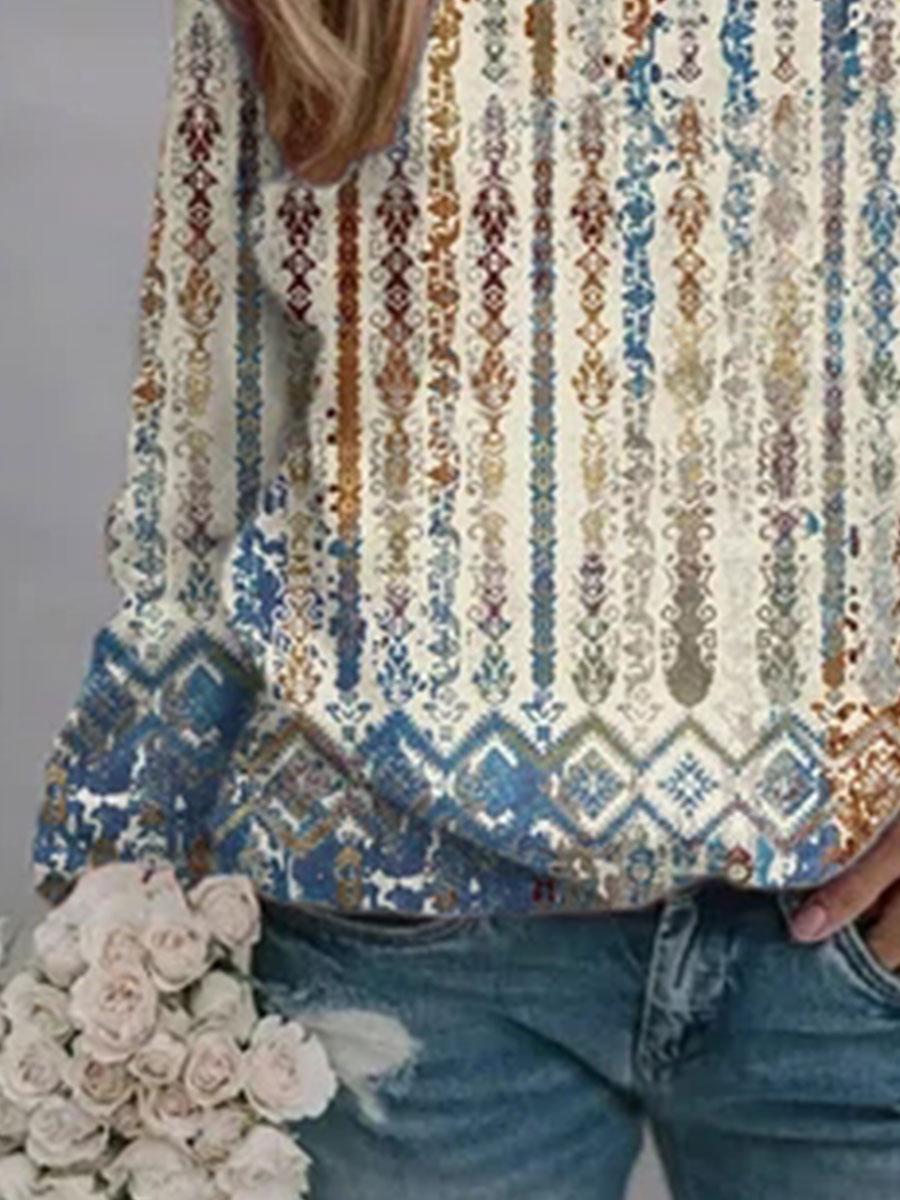Retro Print Round Neck Long Sleeve Fashion Casual Sweatshirt