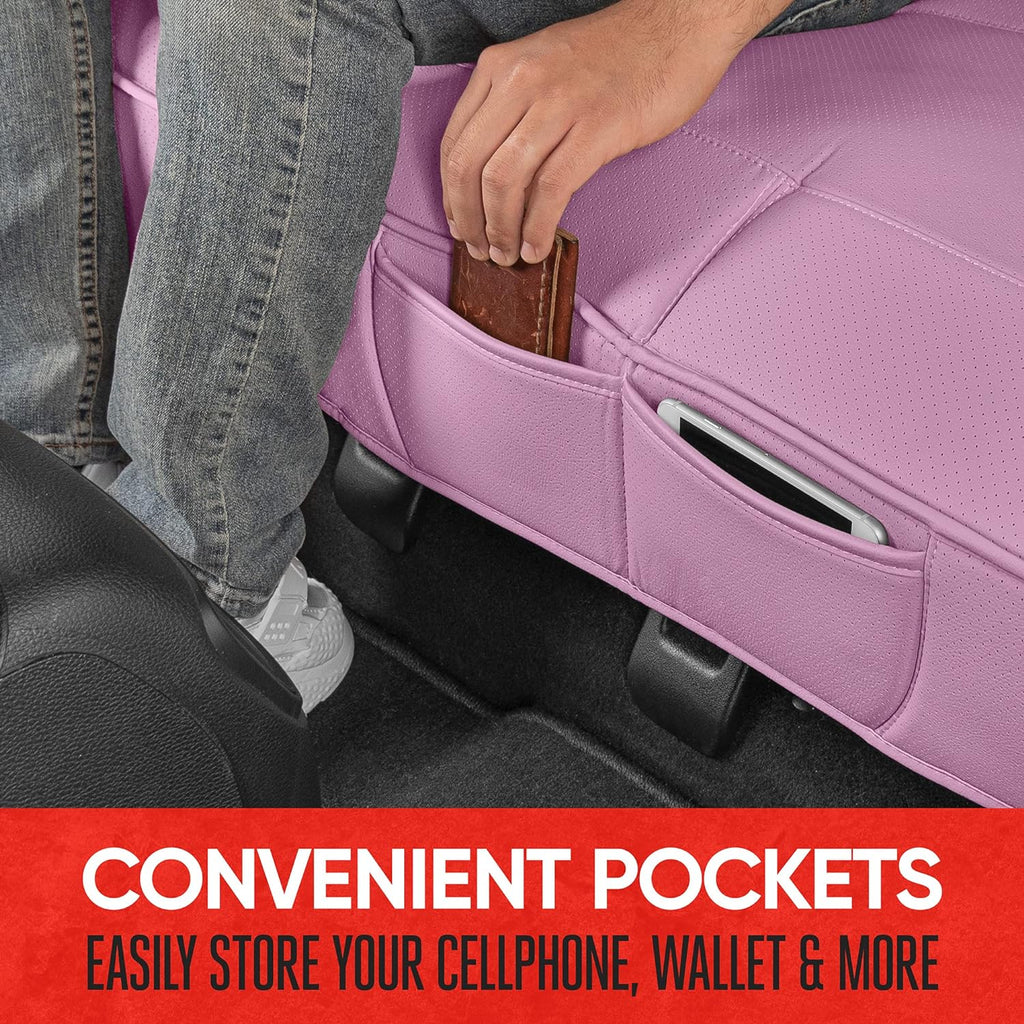 Motor Trend Seat Cover for Cars Trucks SUV, Faux Leather Rear Bench Pink Padded Car Seat Cover with Storage Pockets, Premium Interior Car Seat Cover