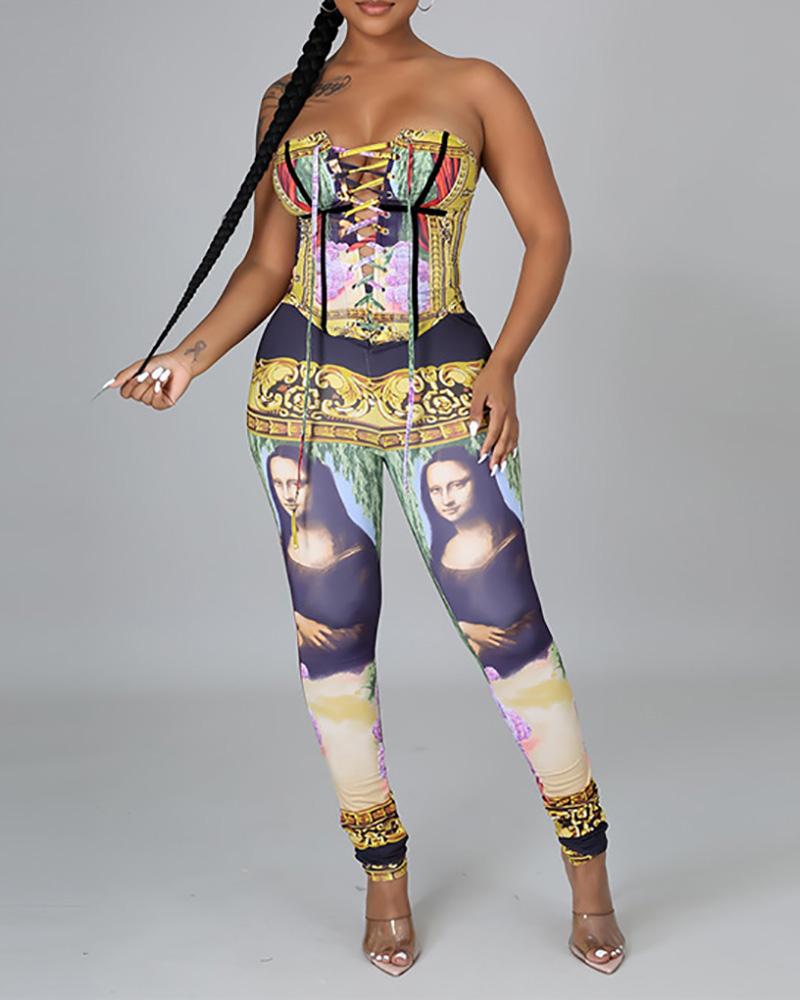 Scarf / Graphic Print Eyelet Lace-up Bandeau Top &amp; Pants Set
