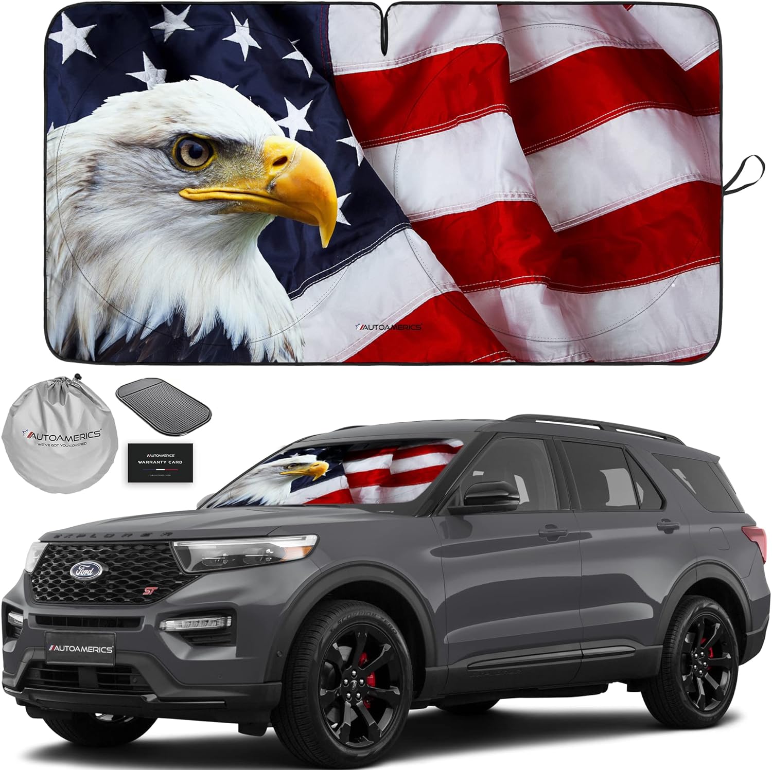 Autoamerics 1-Piece Windshield Sun Shade American Eagle Flag - 3 USA Patriotic  - Foldable Car Front Window Sunshade for Sedans SUV Truck - Blocks Max UV Rays and Keeps Your Vehicle Cool Medium