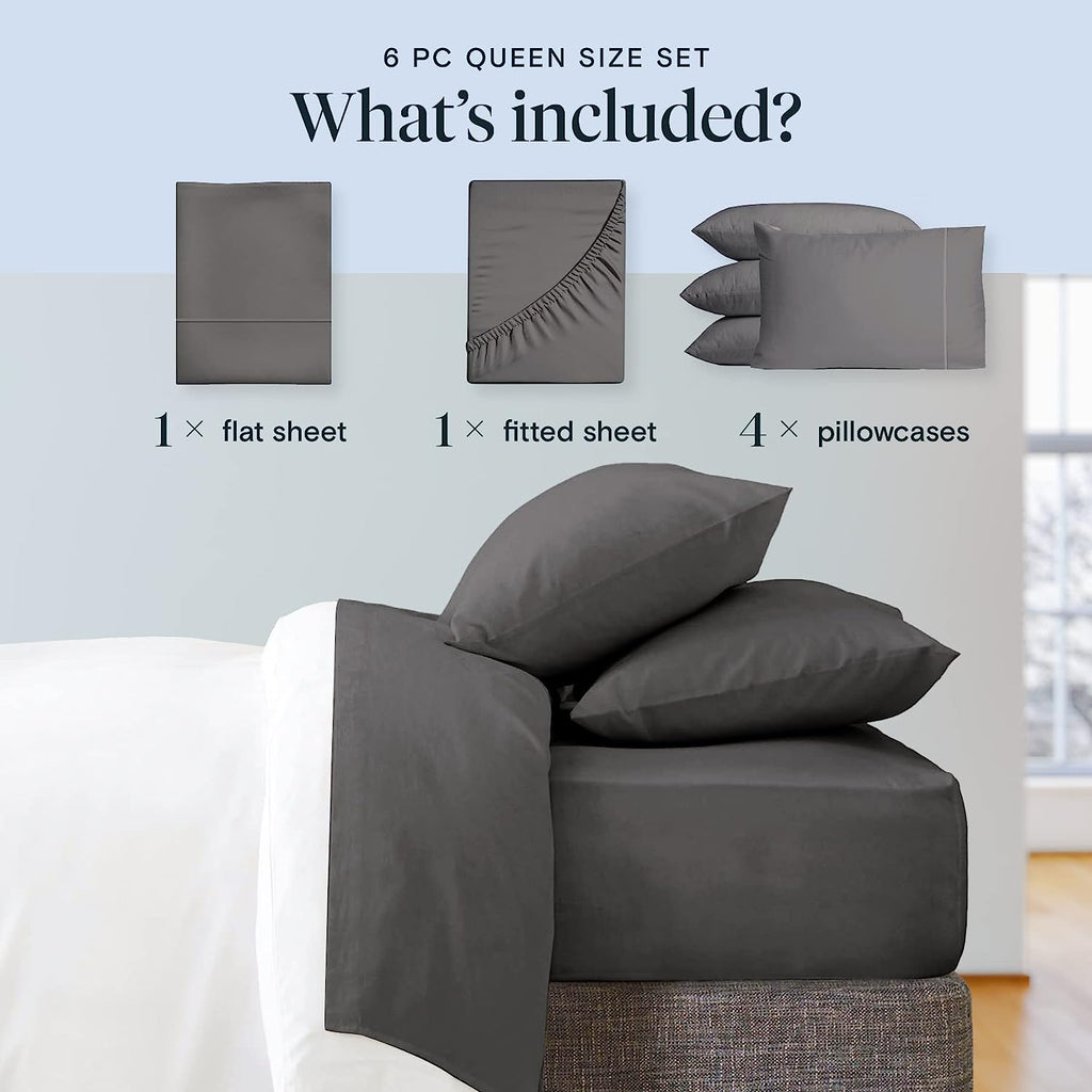 LuxClub 6 PC Queen Sheet Set Bamboo Sheets Deep Pockets 18" Eco Friendly Wrinkle Free Cooling Sheets Machine Washable Hotel Bedding Silky Soft - Grey Queen