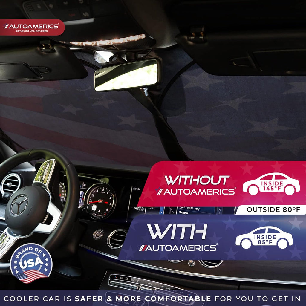 Autoamerics 1-Piece Windshield Sun Shade Grunge American Flag - 4 USA  - Foldable Car Front Window Sunshade for Most Sedans SUV Truck - Blocks Max UV Rays and Keeps Your Vehicle Cool - X-Large