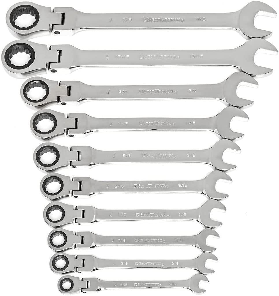 GEARWRENCH 10 Pc. 12 Point Flex Head Ratcheting Combination SAE Wrench Set with Tool Roll - 85893