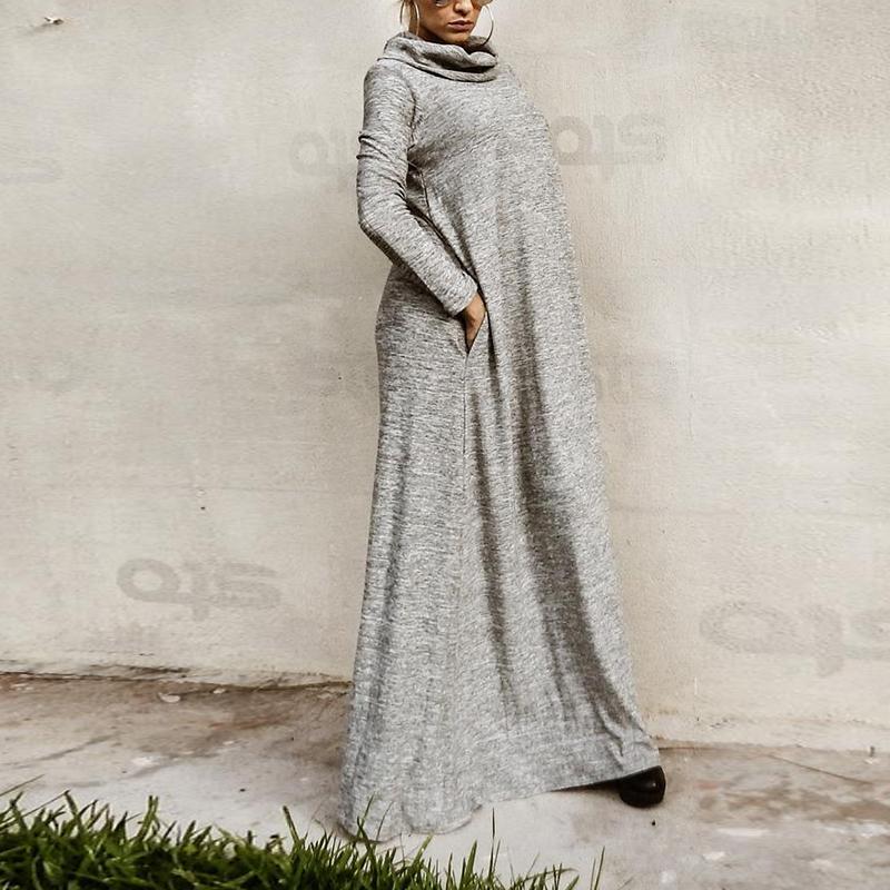 Casual High Collar Long Sleeve Pocket Dress