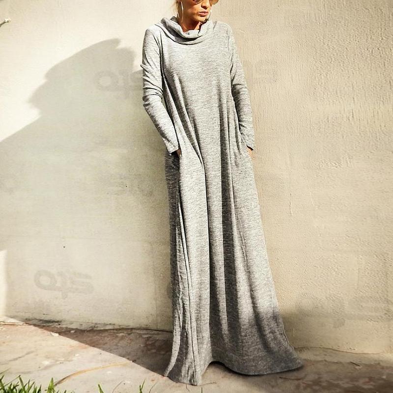 Casual High Collar Long Sleeve Pocket Dress