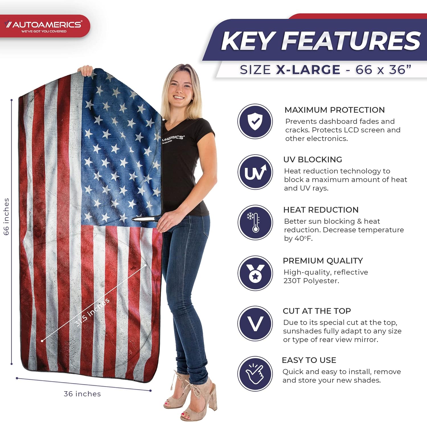 Autoamerics 1-Piece Windshield Sun Shade Grunge American Flag - 3 USA  - Foldable Car Front Window Sunshade for Most Sedans SUV Truck - Blocks Max UV Rays and Keeps Your Vehicle Cool - X-Large