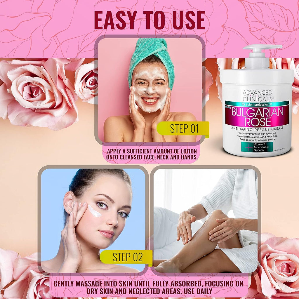 Advanced Clinicals Bulgarian Rose Anti Aging Rescue Cream Face &amp; Body Moisturizing Skin Care Lotion, Skincare Moisturizer For Dry Skin, Age Spots, &amp; Improving Skin Radiance, Large 16 Oz (Pack of 2)