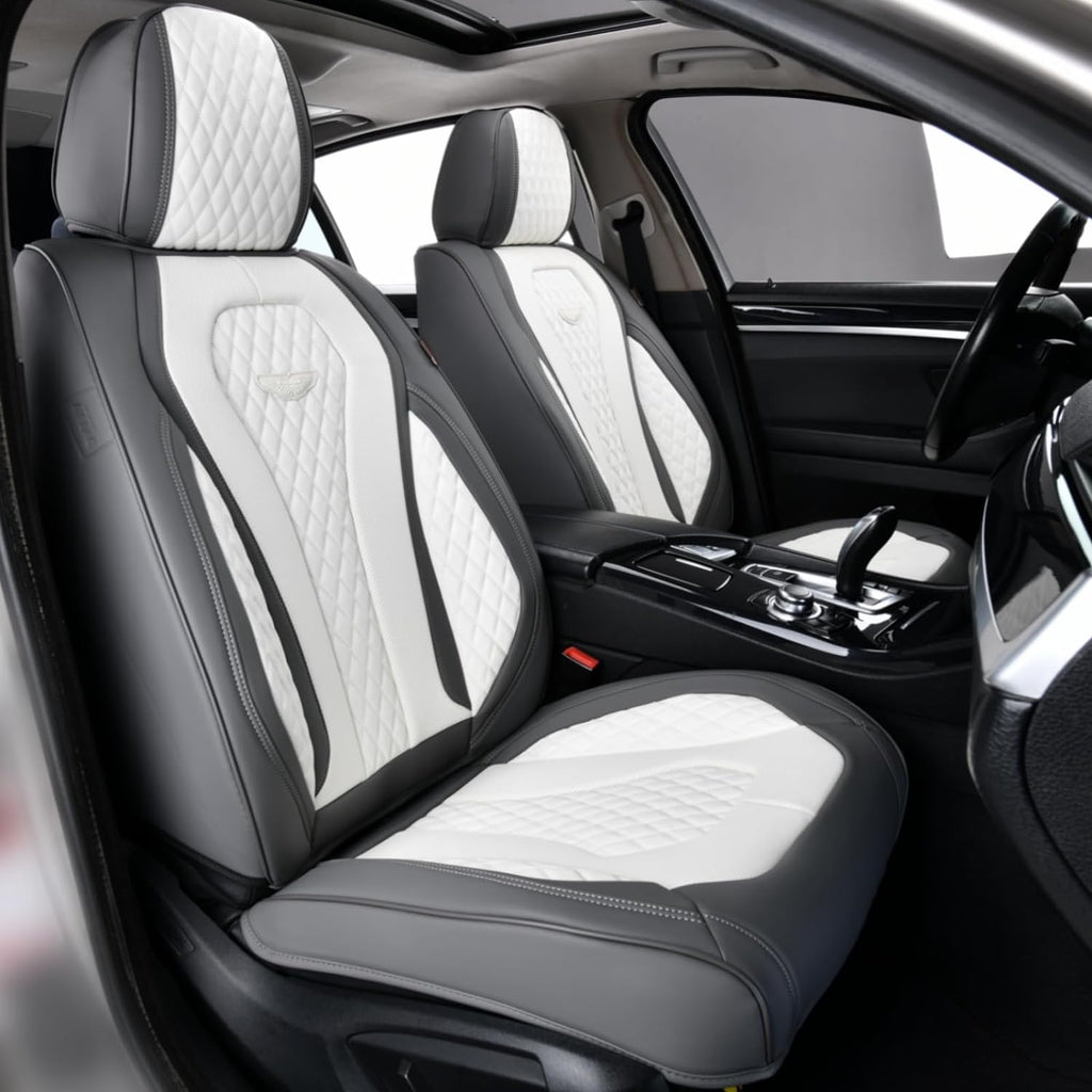 Coverado Leather Seat Covers Front, 2-Pack Universal Seat Covers for Cars, Waterproof Luxury Leatherette Car Seat Cushions, Car Seats Protectors, Driver Seat Covers Fit for Most Vehicles GaryWhite
