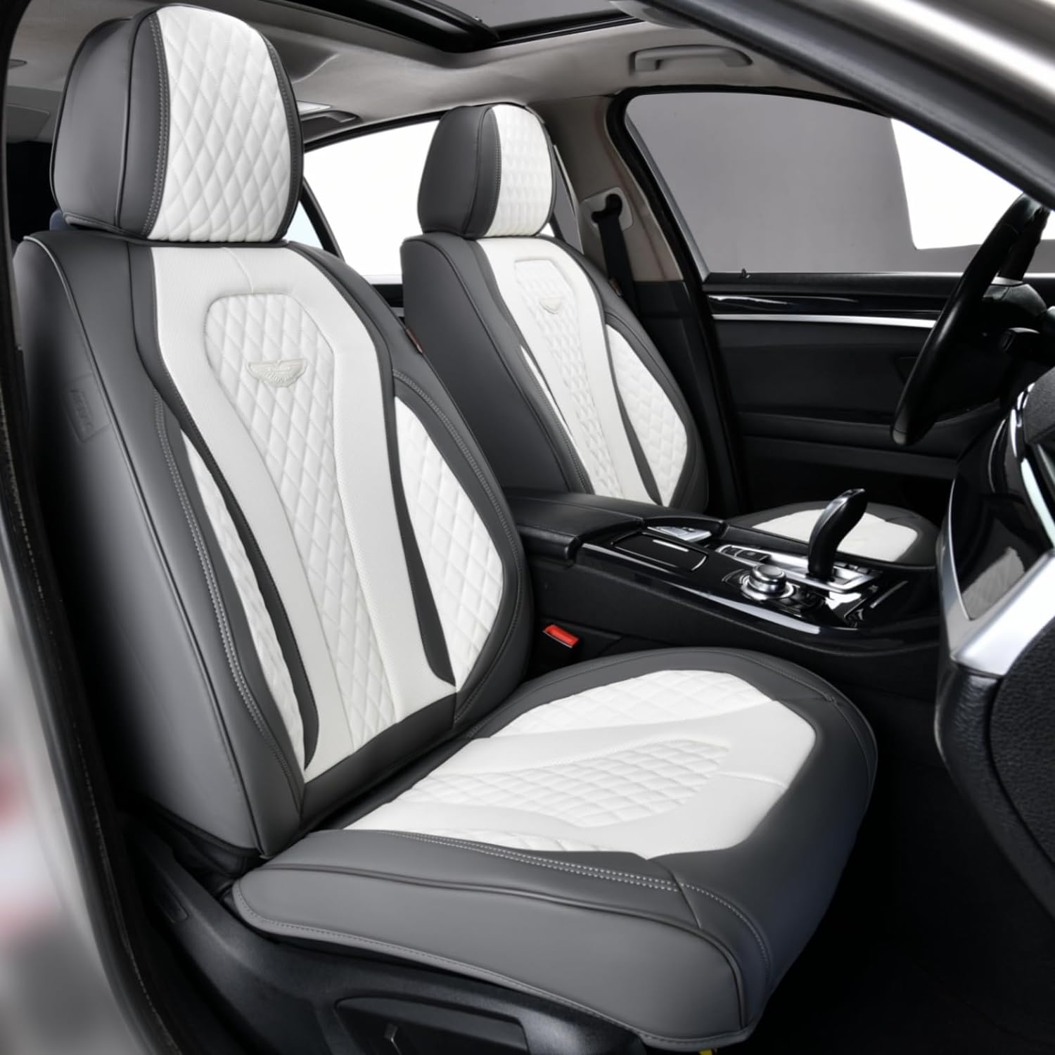 Coverado Leather Seat Covers Front, 2-Pack Universal Seat Covers for Cars, Waterproof Luxury Leatherette Car Seat Cushions, Car Seats Protectors, Driver Seat Covers Fit for Most Vehicles GaryWhite