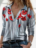 Lapel Long Sleeve Floral Print Casual T-shirt