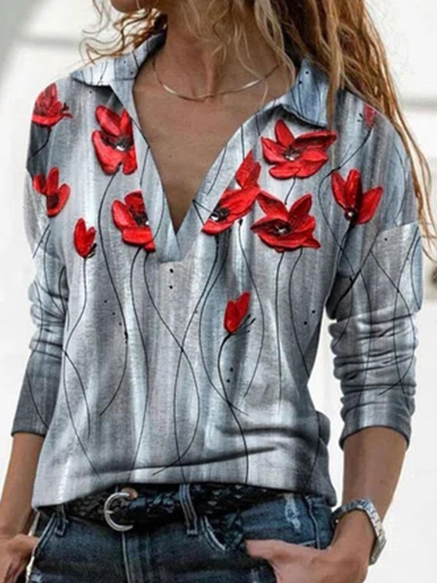Lapel Long Sleeve Floral Print Casual T-shirt