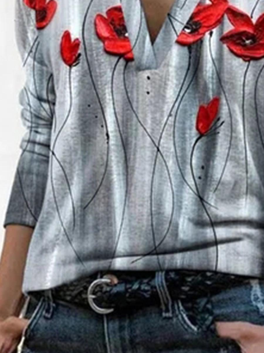 Lapel Long Sleeve Floral Print Casual T-shirt