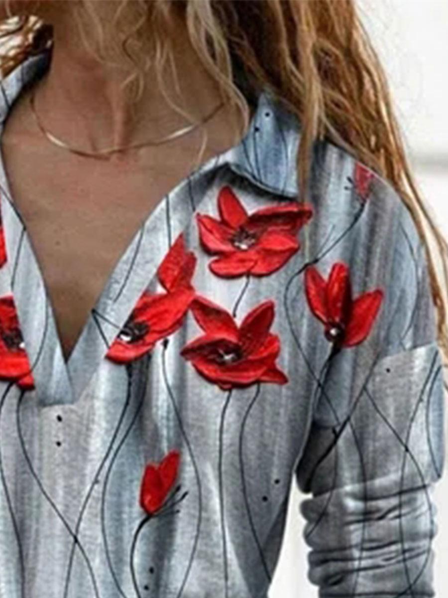 Lapel Long Sleeve Floral Print Casual T-shirt