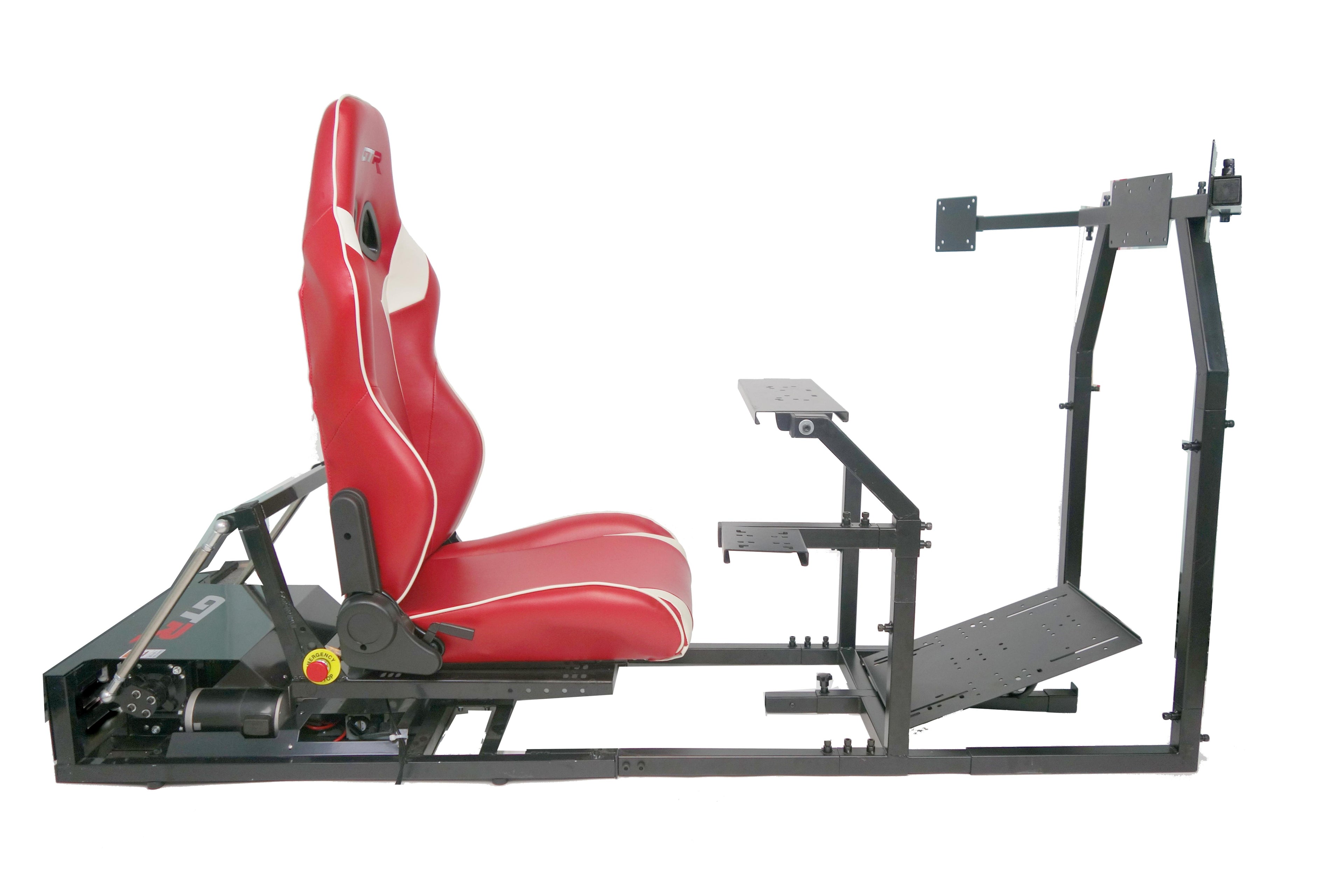 GTR Simulator - GTM Motion Simulator 2DoF Cockpit with Real Racing Seat and Mounts for Triple Monitor, Throttle/Stick Shifter &amp; Wheel/Yoke/HOTAS - Black Frame Red/White Seat