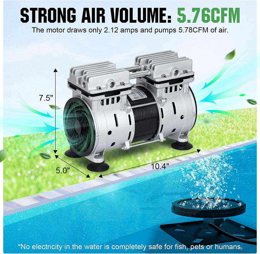 550W Pond or Lake Aeration Pump Kit, 5.76CFM Pond Aerator Pump, Dual 8.5" Air Diffusers with 100" Weighted Tube Fo 3 Acres Pond & Lake