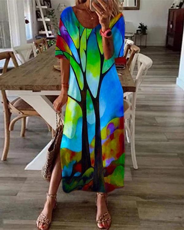 casual multicolor print short sleeve slit plus size dress