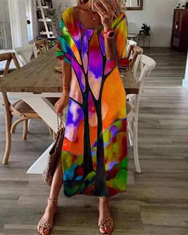 casual multicolor print short sleeve slit plus size dress