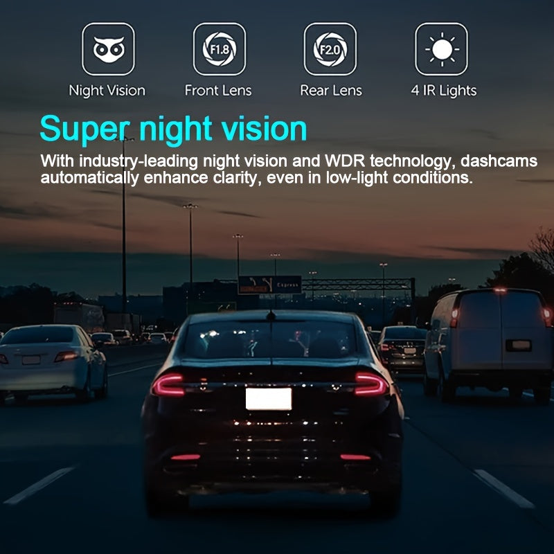 1080P 2 Cameras Dash Cam W/ IR Night Vision, Loop Recording &amp; 2" IPS Screen