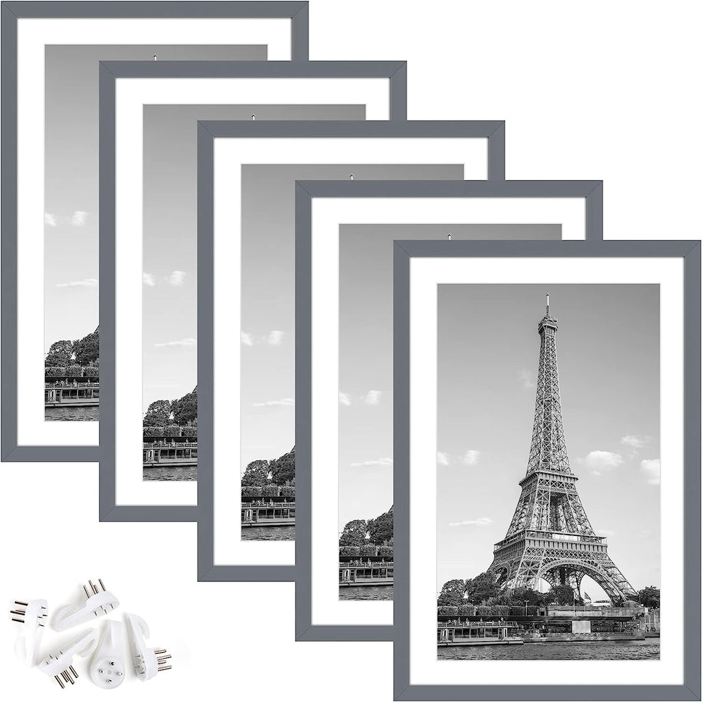 upsimples 11x17 Picture Frame Set of 5, Display Pictures 9x15 with Mat or 11x17 Without Mat, Wall Gallery Photo Frames, Dark Gray