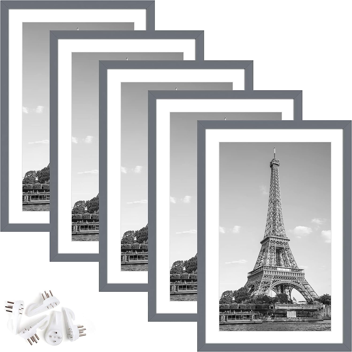 upsimples 11x17 Picture Frame Set of 5, Display Pictures 9x15 with Mat or 11x17 Without Mat, Wall Gallery Photo Frames, Dark Gray