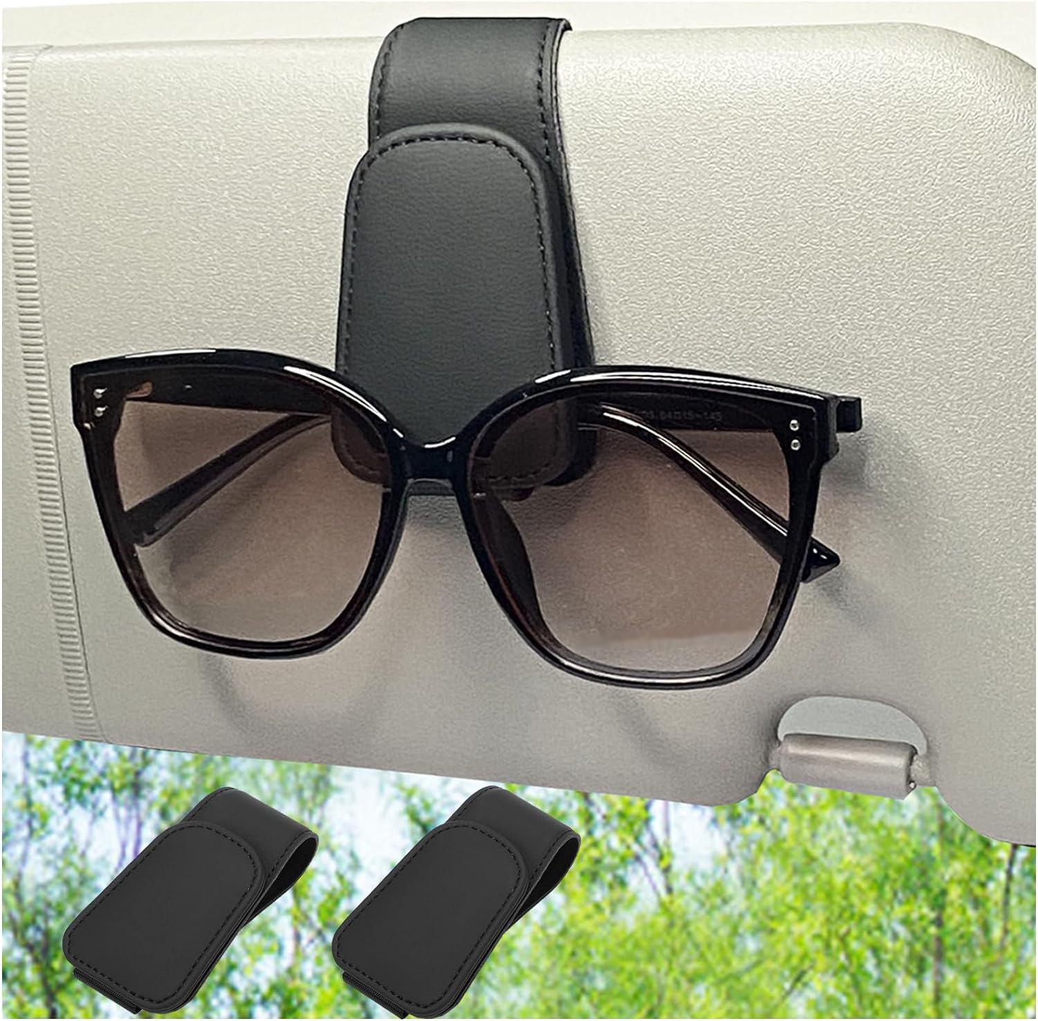 CHOSMOYI 2 Packs Sunglasses Holder for Car, Sunglass Clip for Car Visor, Magnetic Leather Car Eyeglass Holder and Ticket Card Clip, Suitable for Different Size Eyeglasses(Black