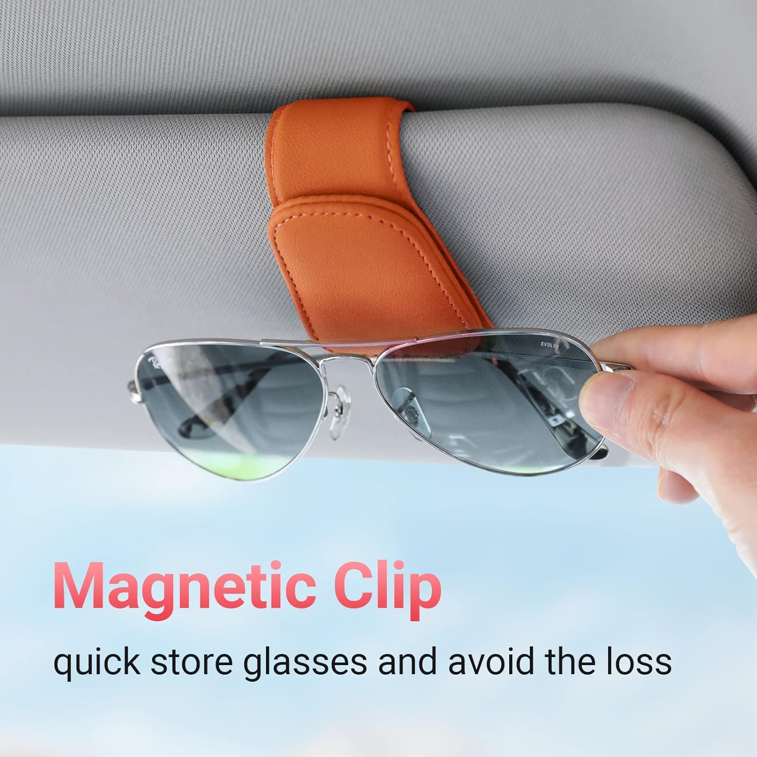 Sunglass Holder for Car Visor Sunglasses Clip Magnetic Leather Glasses Eyeglass Holder Truck Car Interior Accessories Universal for Woman Man -Orange