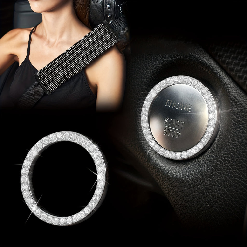 Bling Car Accessories For Women,Bling Steering Wheel Cover Bling Car Coasters Bling Set Seat Belt Shoulder Pads Ring Emblem Sticker Gear Shift Cover