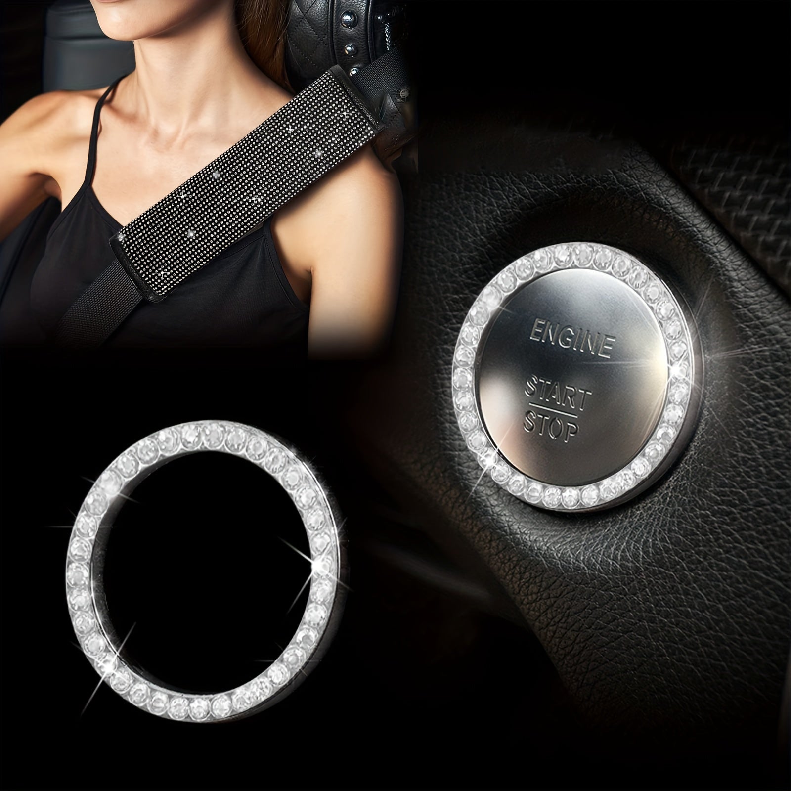 Bling Car Accessories For Women,Bling Steering Wheel Cover Bling Car Coasters Bling Set Seat Belt Shoulder Pads Ring Emblem Sticker Gear Shift Cover