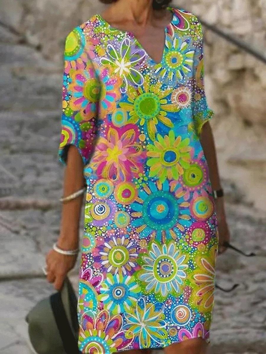 Fashion Floral Print V-neck Short Sleeve Shift Dress