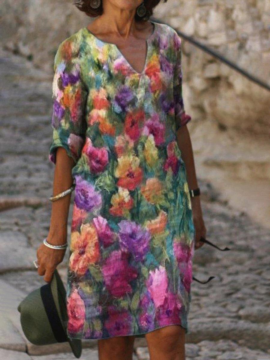 Fashion Floral Print V-neck Short Sleeve Shift Dress