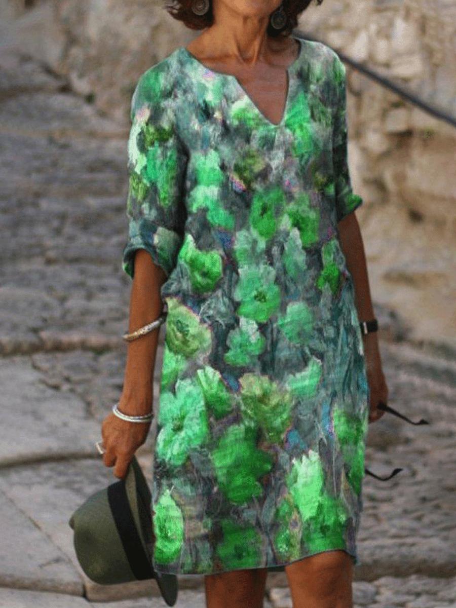 Fashion Floral Print V-neck Short Sleeve Shift Dress