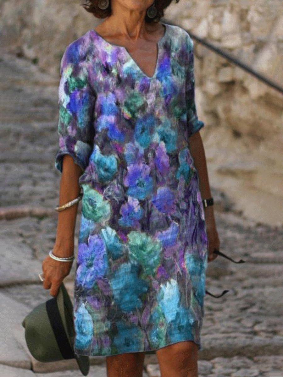 Fashion Floral Print V-neck Short Sleeve Shift Dress