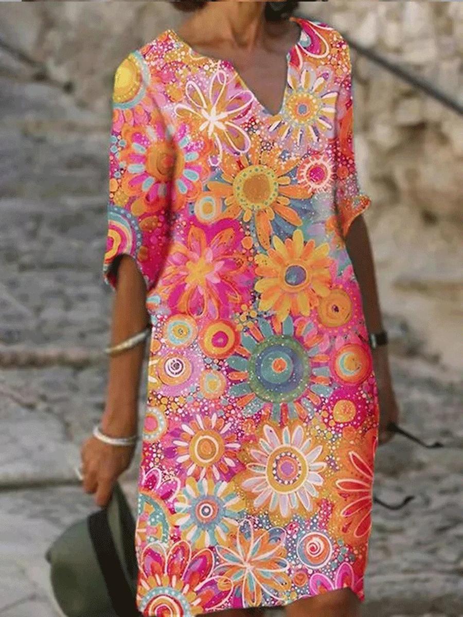 Fashion Floral Print V-neck Short Sleeve Shift Dress