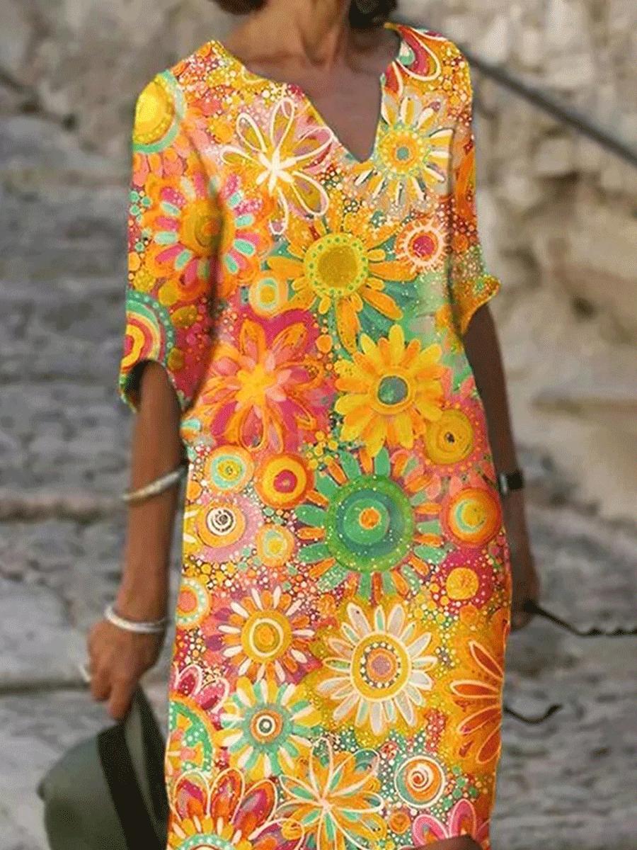 Fashion Floral Print V-neck Short Sleeve Shift Dress