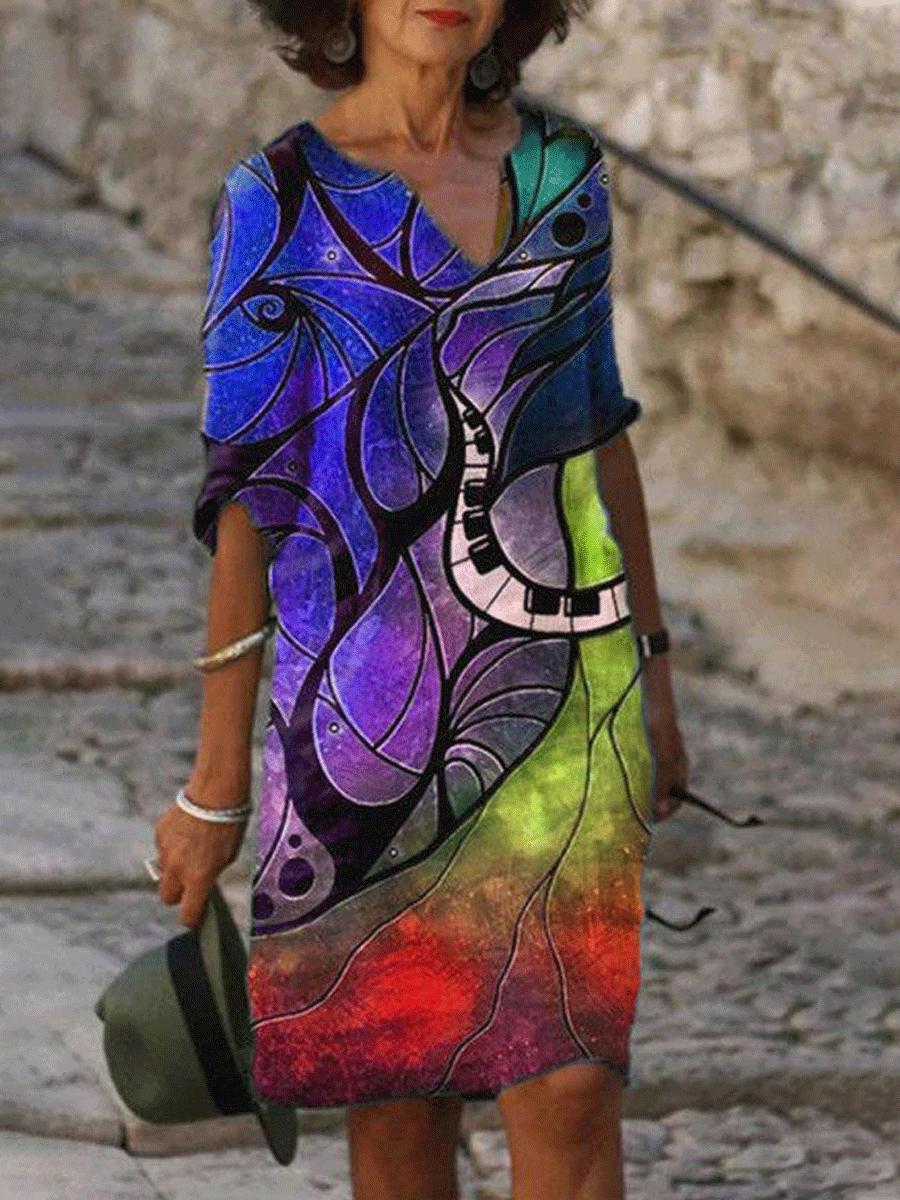 Fashion Floral Print V-neck Short Sleeve Shift Dress