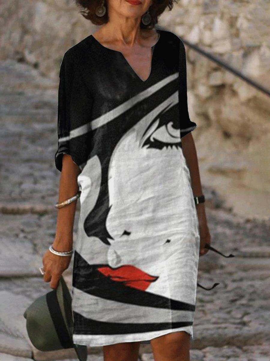 Fashion Floral Print V-neck Short Sleeve Shift Dress