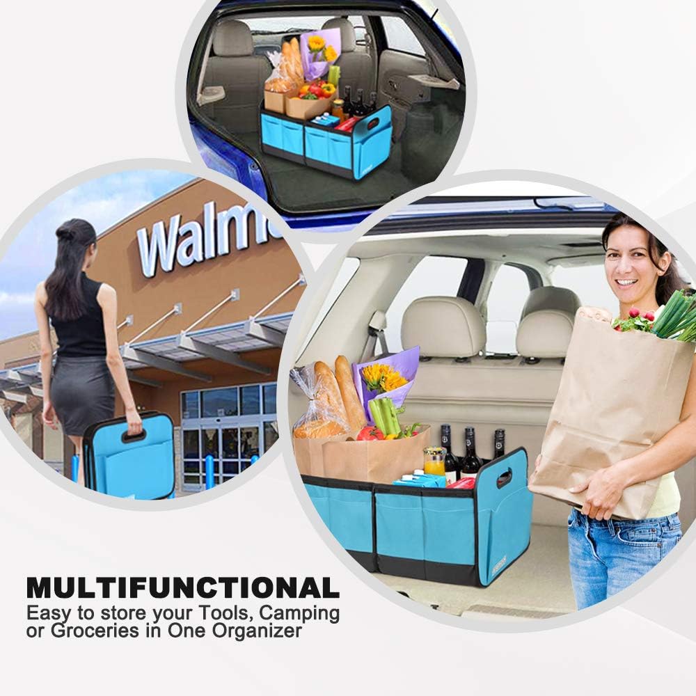 Homeve Trunk Organizer for Car, Car Storage, Reinforced Handles, Collapsible Multi-Compartment Car Organizers Foldable and Waterproof, 600D Oxford Polyester, Suitable for Any Car, SUV, Mini-Van, Blue