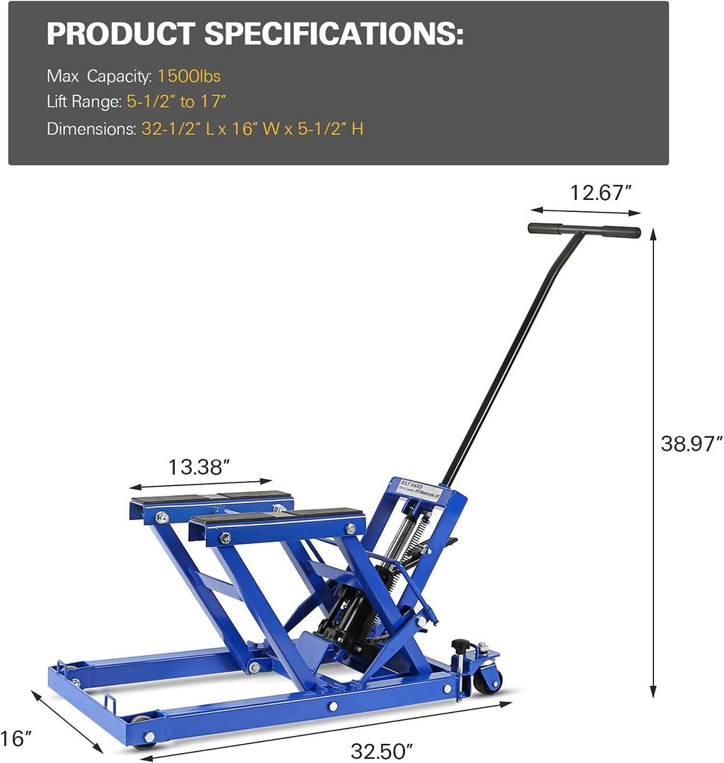 Motorcycle Lift, Heavy Duty Low Profile Hydraulic ATV Lifts, 1500 lb. Capacity, Steel