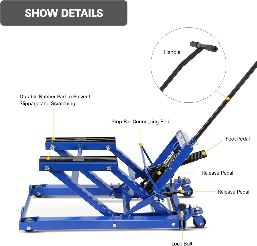 Motorcycle Lift, Heavy Duty Low Profile Hydraulic ATV Lifts, 1500 lb. Capacity, Steel