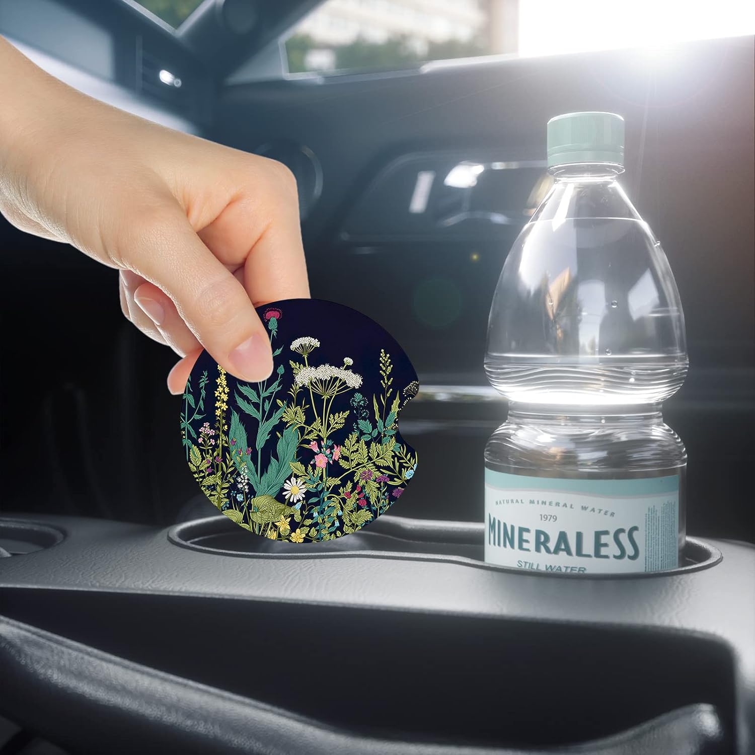 Nipichsha Car Cup Holder Coasters, Car Coasters for Cup Holders, 2 Pack Universal Anti Slip Insert Coasters, Rubber Car Cup Mat with A Finger Notch, Cute Car Interior Accessories for Women(Dandelion)